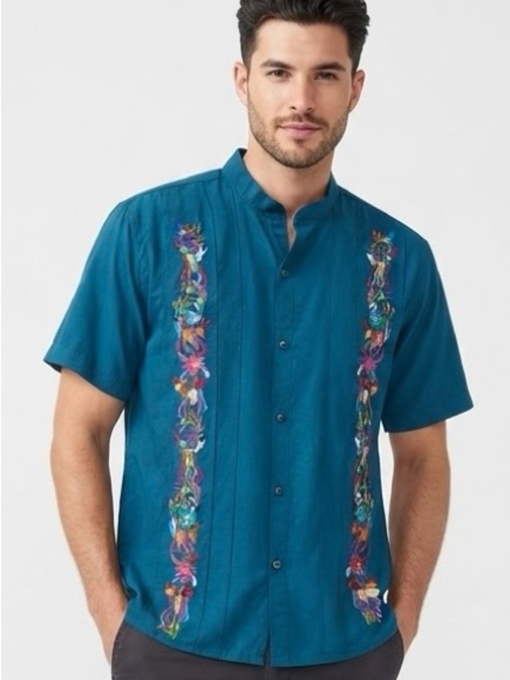 Vintage Mexican Embroidered Guayabera Shirt Men's XL Teal Blue Cotton Artisian